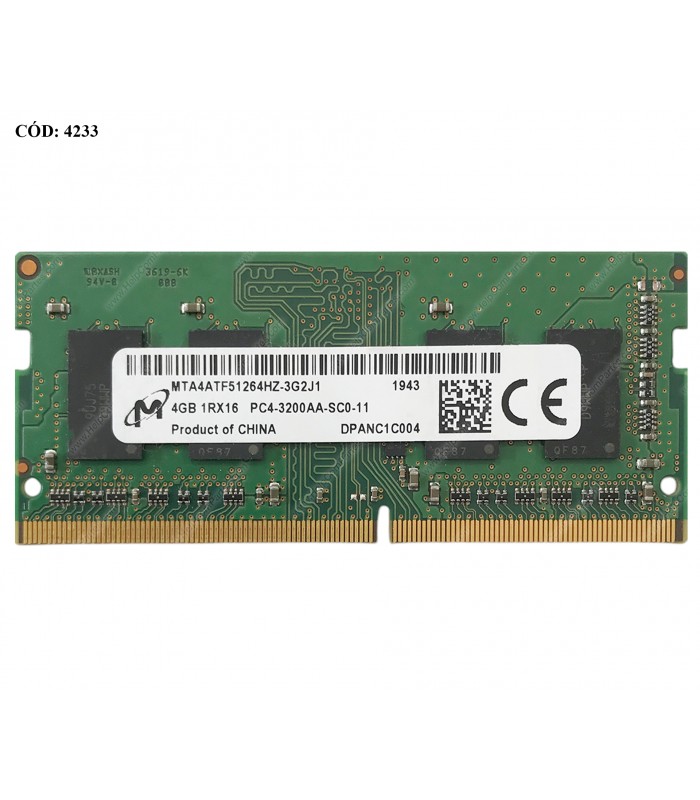MEMORIA MICRON 4GB DDR4 3200MHZ SODIMM Non-ECC 1.2V CL22 260PIN MTA4ATF51264HZ-3G2J1 SN ORIG.