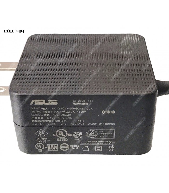 CARGADOR ASUS 19V---2.37A 45W PIN 4.0*1.35MM 100-240V~ US 50-60Hz 2PRONG TIPO A 0A001-01102200 ORIG. (SN)