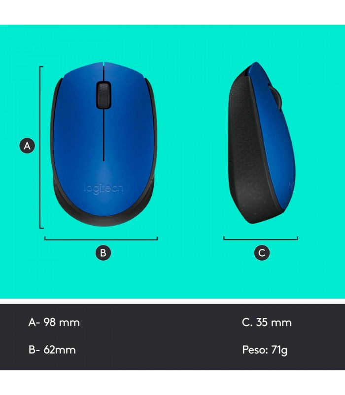MOUSE LOGITECH M170 INALÁMBRICO AZUL/NEGRO / OPTICO/ USB-A /3BOTONES/1000DPI/12M BATT/10m/2D RUEDA/1XAAA/ 910-004800