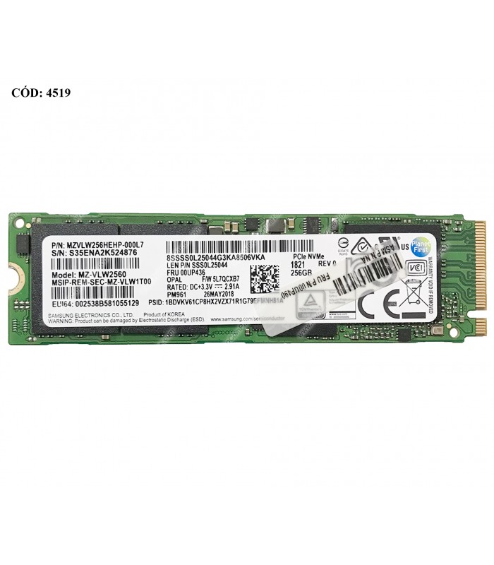 SSD SAMSUNG MZ-VLW2560 PM961 256GB NVMe PCIe GEN3 X4 M.2 2280 /OPAL/V-NAND TLC / TBW 150 / 2800-1100MB/s RW / 00UP436 (DS)