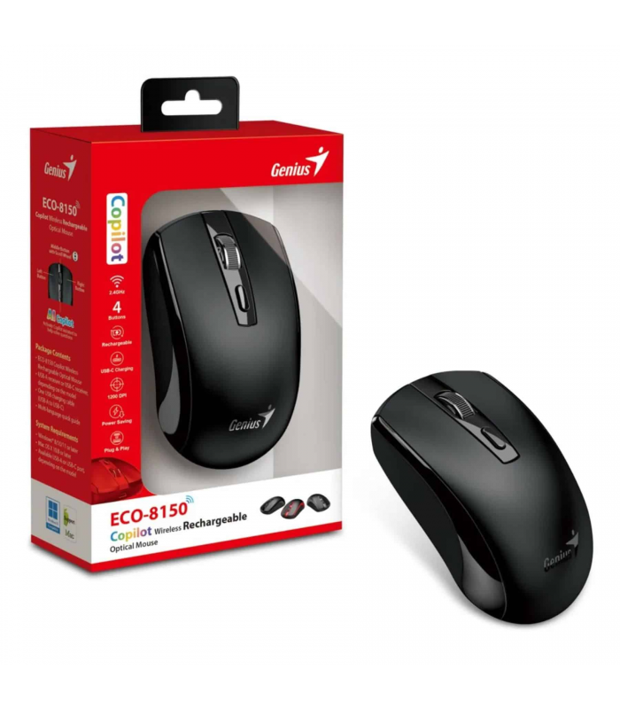 MOUSE GENIUS ECO-8150 INALÁMBRICO BLK /RF 2.4GHz/OPTICO/USB-A/4BOTONES AI/1200DPI/10m/BATT USB-C
