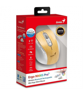 MOUSE GENIUS ERGO 9000S PRO INALÁMBRICO MADERA /RF 2.4GHz+BT 5.3/OPTICO/USB-A/RGB 7C/6BOTONES/2400DPI/10m/BATT USB-C/SILEN/ERGO.