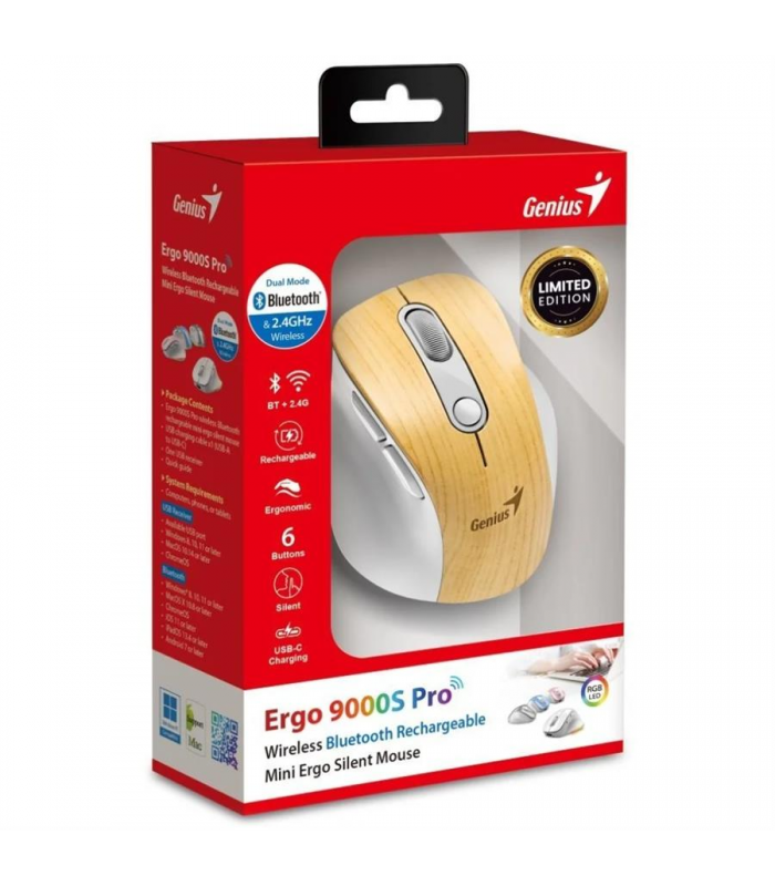 MOUSE GENIUS ERGO 9000S PRO INALÁMBRICO MADERA /RF 2.4GHz+BT 5.3/OPTICO/USB-A/RGB 7C/6BOTONES/2400DPI/10m/BATT USB-C/SILEN/ERGO.