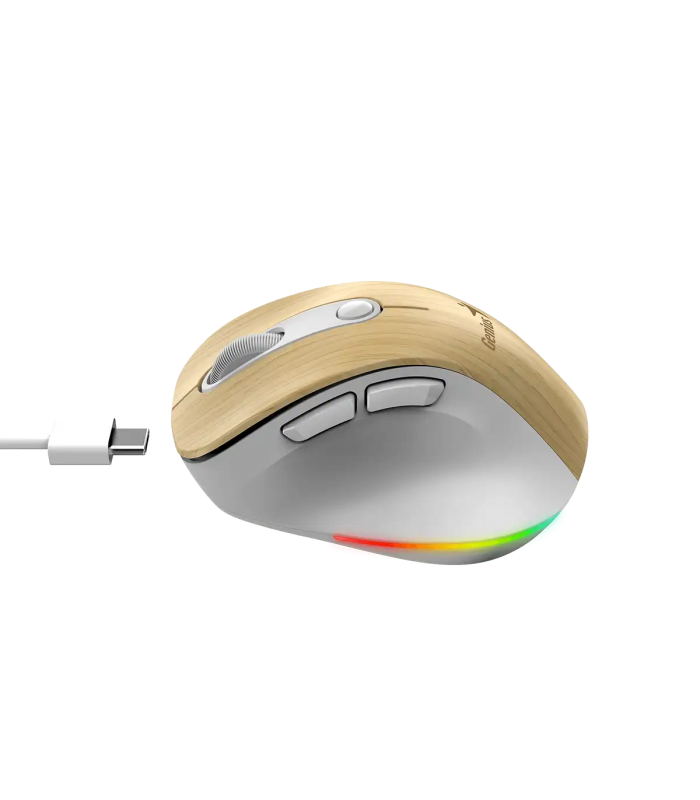 MOUSE GENIUS ERGO 9000S PRO INALÁMBRICO MADERA /RF 2.4GHz+BT 5.3/OPTICO/USB-A/RGB 7C/6BOTONES/2400DPI/10m/BATT USB-C/SILEN/ERGO.