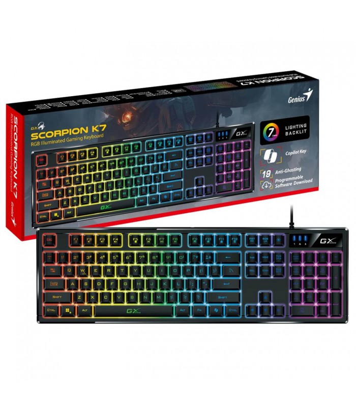 TECLADO GENIUS SCORPION K7 USB-A ALAMBRICO/ NEGRO/ RGB 7C/ GAMING/AI COP/FN 12/S-MECAN/ANTIGHOST/MEM.16KB/SRD/ 1.8M/SP