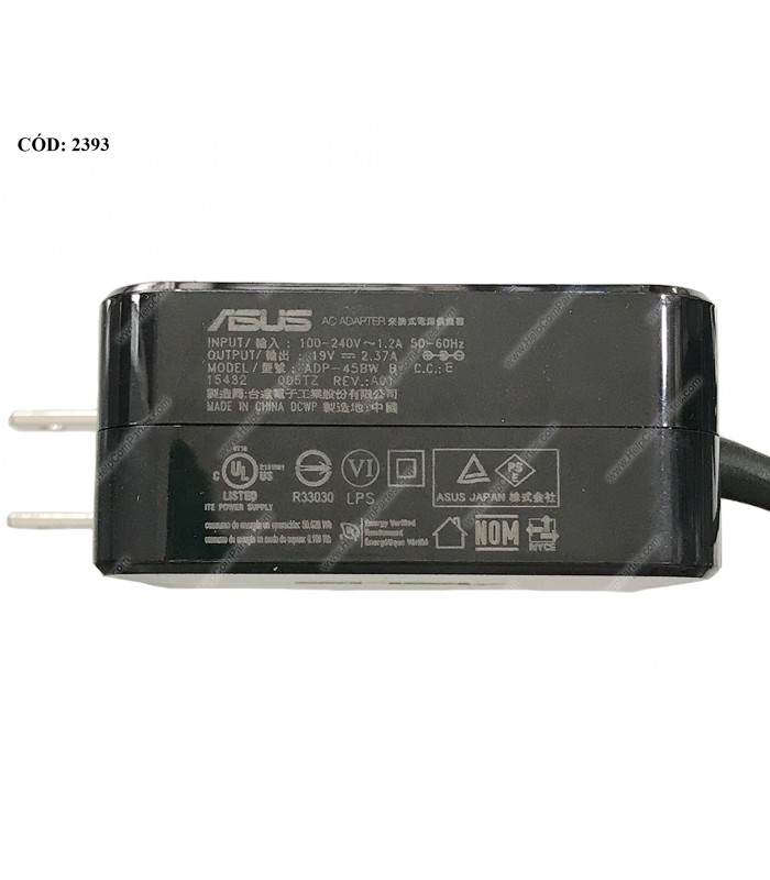 CARGADOR ASUS 19V---2.37A 45W PIN 4.0*1.35MM 100-240V~ US 50-60Hz 2PRONG TIPO A ORIG. (SN)