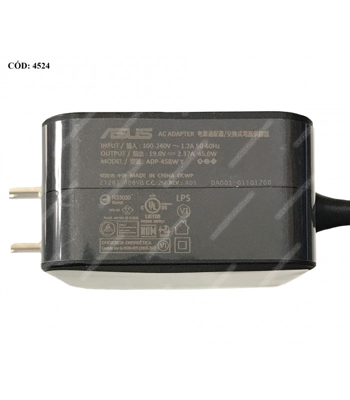 CARGADOR ASUS 19V---2.37A 45W PIN 4.0*1.35MM 100-240V~ US 50-60Hz 2PRONG TIPO A 0A001-01101700 ORIG.