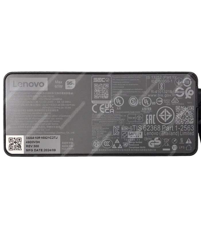 CARGADOR LENOVO USB-C 65.0W 20.0V---3.25A /15.0V---3.0A /9.0V---2.0A /5.0V---2.0A 10.0W 100V-240V~ 60HzUS 3PRONG 02DL124 ORIG