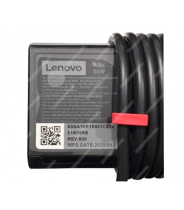 CARGADOR LENOVO USB-C 65.0W 20.0V---3.25A /15V---3A /9V---3A /5.0V---3.0A 15.0W 100V-240V~ 50-60Hz US 3PRONG 02DL155 ORIG.