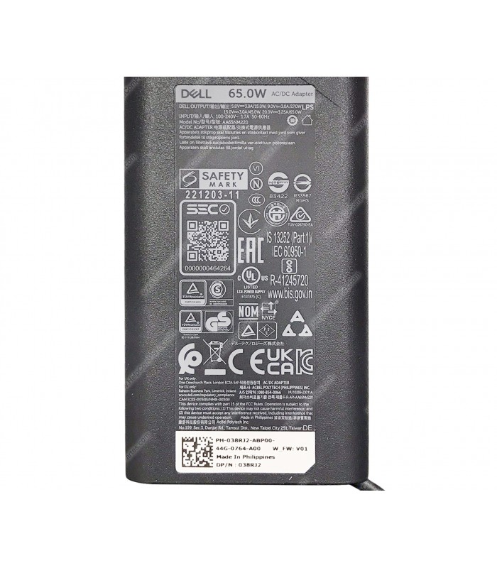 CARGADOR DELL USB-C 65.0W 20.0V---3.25A /15.0V---3.0A /9.0V---3.0A /5.0V---3.0A 15.0W 100V-240V~ 50-60Hz US 3PRONG 450-BCXL ORIG