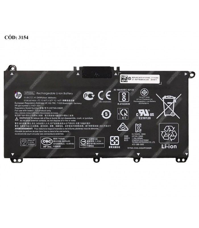 BATERIA HP 11.4V---41.04WH 3C HT03XL/14-CE 14-CF 14-CK 14-CM 15-CS 15-CW 15-DA 15-GW 240 245 246 G7 SERIES L11119-855 ORIG.