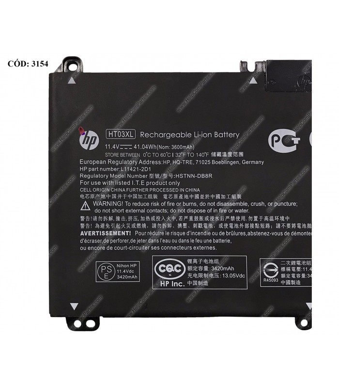 BATERIA HP 11.4V---41.04WH 3C HT03XL/14-CE 14-CF 14-CK 14-CM 15-CS 15-CW 15-DA 15-GW 240 245 246 G7 SERIES L11119-855 ORIG.