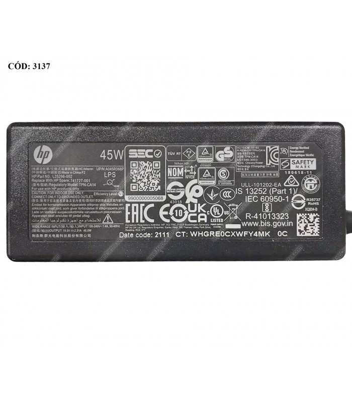 CARGADOR HP 19.5V---2.31A 45W PIN 4.5*3.0 100-240V~ 50-60Hz US 3PRONG PUNTA AZUL SIN CABLE DE PODER L25296-002 ORIG..