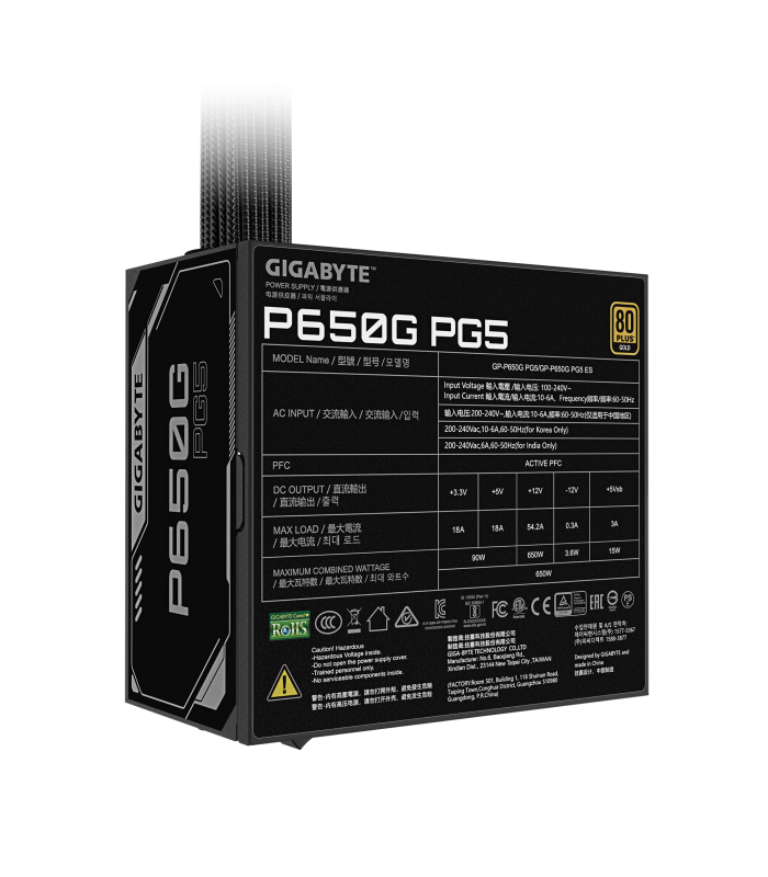 FUENTE DE PODER GIGABYTE P650B 650W /80 PLUS GOLD/ATX 20+4X1 (3.1/EPS 4+4X2/PCI-E 6+2 X2 16X1 GEN5.1/SATAX6/MOL.X3/GP-P650G PG5
