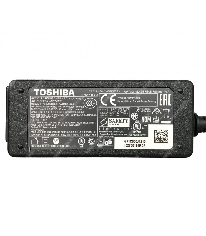 CARGADOR TOSHIBA 19V---2.37A 45W PIN 4.0*1.7 100-240V~ US 50-60Hz 2PRONG PA5192U-1ACA KIT ORIG.