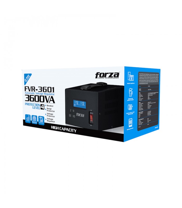 REGULADOR FORZA FVR-3601 3600VA/1800W, BLACK 110V/115V/120V 50/60Hz 13.04A 4TOMAS/LCD
