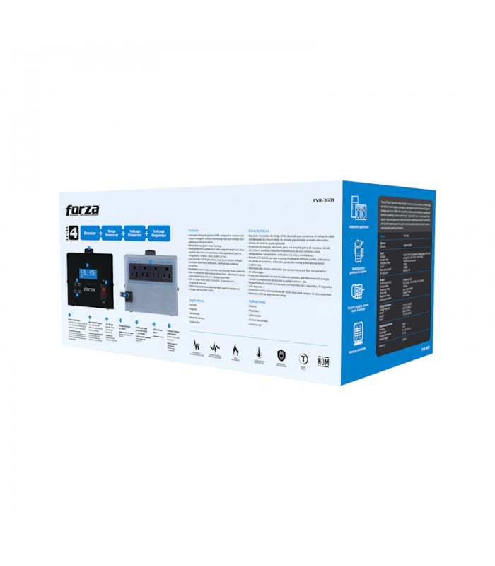 REGULADOR FORZA FVR-3601 3600VA/1800W, BLACK 110V/115V/120V 50/60Hz 13.04A 4TOMAS/LCD
