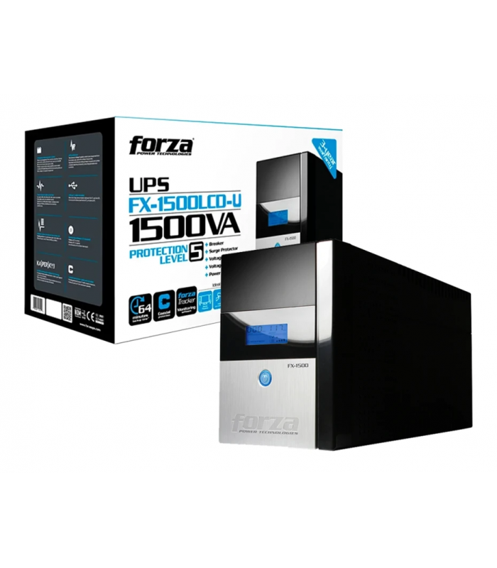 UPS FORZA FX-1500LCD 1500VA/840W 1.5K 120VAC 65hz/13.6A/RJ45-RJ11/8SLDS/GIGA/COAX/TORRE/5-15R/LCD/INTERACTIVA/ 12/9Ah(2)/64MIN.