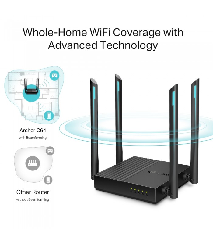 ROUTER TP-LINK ARCHER C64 V2 AC1200/MU-MIMO 2.4/5GHz/300MPPS+867MBPS/4ANTENAS/IPTV-IPV6/4-PTOS GIGABIT/MR/MAP