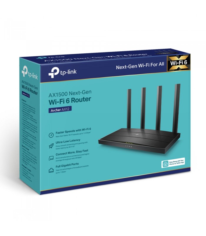 ROUTER TP-LINK ARCHER AX12 AX1500/WIFI 6/D.BAND 2.4-5GHz/300Mbps+1201Mbps/4ANT./4-PTOS Gigabit/MR/MAP