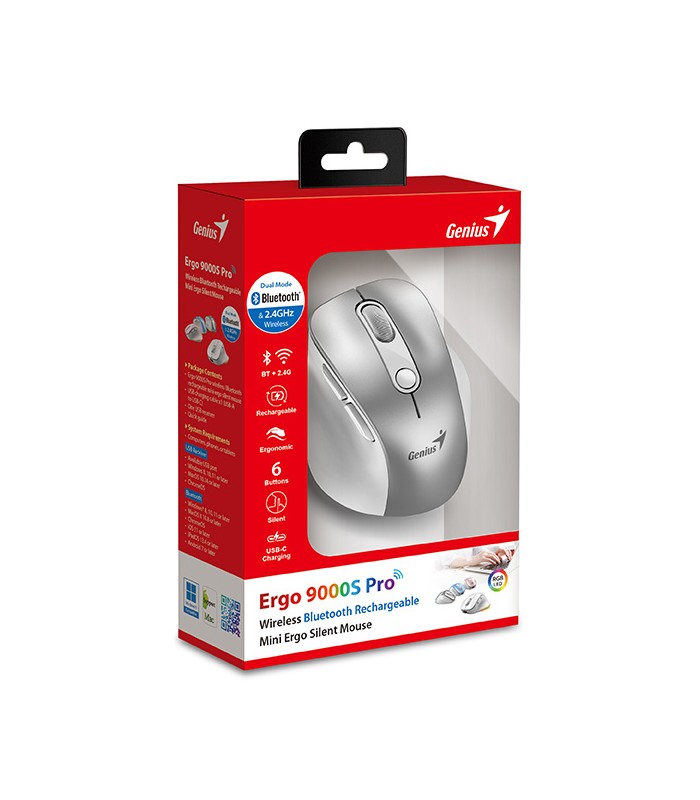MOUSE GENIUS ERGO 9000S PRO INALÁMBRICO SLVR /RF 2.4GHz+BT 5.3/OPTICO/USB-A/RGB 7C/6BOTONES/2400DPI/10m/BATT USB-C/SILEN/ERGO.
