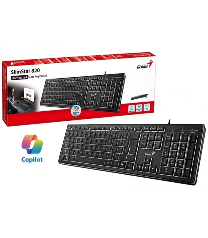 TECLADO GENIUS SLIMSTAR 820 USB-A ALAMBRICO / ILUMINATED / NEGRO / AI COP / FN 12 / ANTIGHOST  / 1.8M / SP