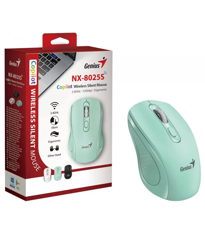 MOUSE GENIUS NX-8025S INALÁMBRICO AGUAMARINA/RF 2.4GHz/OPTICO/USB-A/4BOTONES AI/1200DPI/10m/1XAA/SILEN/ERGO.