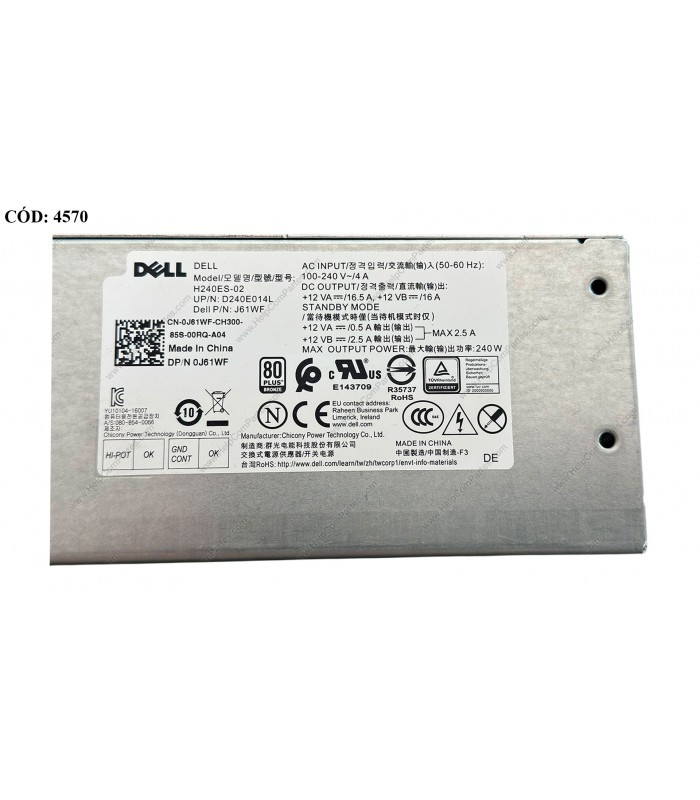 PSU DELL 240W 80 PLUS BRONZE/ 6+4PIN /OPTIPLEX 3050 3060 3070 3650 3670 5050 7050 MT V3668 V3669 SERIES SFF 0J61WF ORIG.(SN)