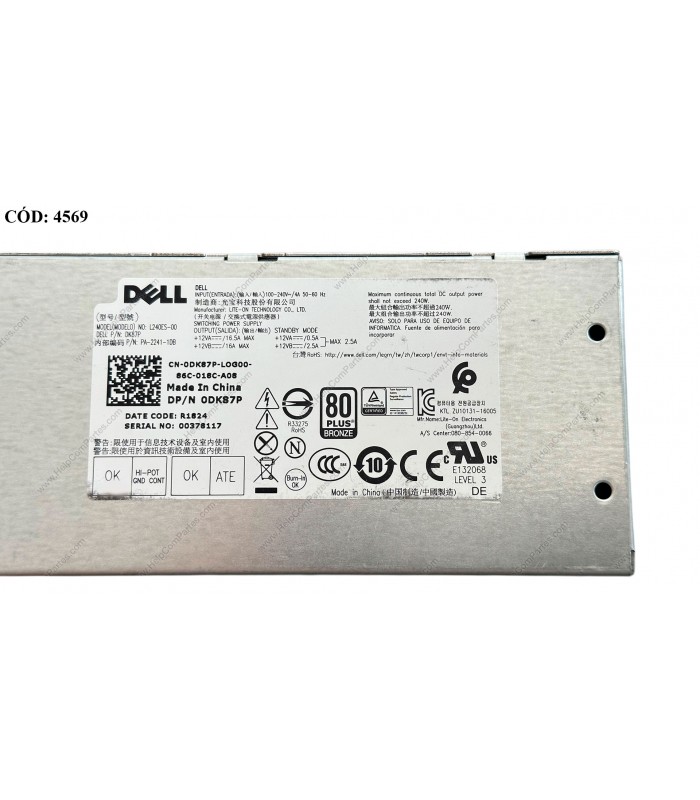 PSU DELL 240W 80 PLUS BRONZE/ 6+4PIN /OPTIPLEX 3050 3060 3070 3650 3670 5050 7050 MT V3668 V3669 SERIES SFF 0DK87P ORIG.(SN)