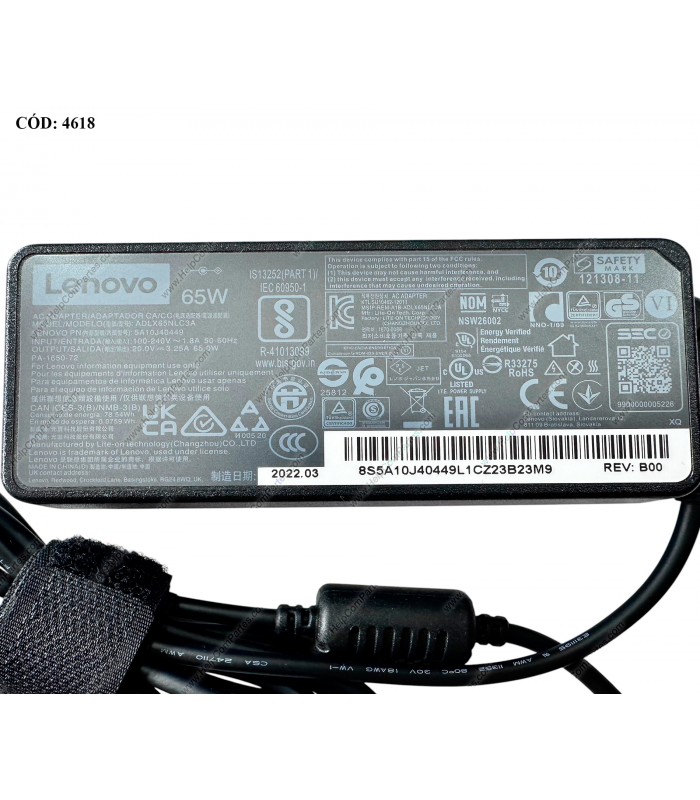 CARGADOR LENOVO 20V---3.25A 65W PIN 4.0*1.7MM 100-240V~ US 50-60Hz 3PRONG 5A10J40449 N-CABLE ORIG. (SN)