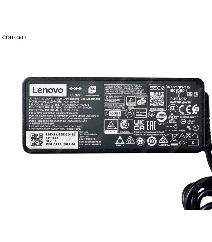 CARGADOR LENOVO 20V---3.25A 65W PIN 4.0*1.7MM 100-240V~ US 50-60Hz 3PRONG 5A11H02878 ORIG. (SN)