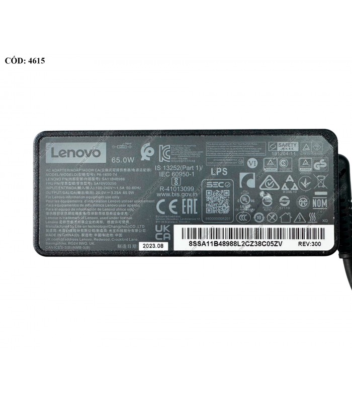 CARGADOR LENOVO 20V---3.25A 65W USB-SQUARE SLIM 100-240V~ US 50-60Hz 3PRONG 5A10V03250 ORIG.(DS)