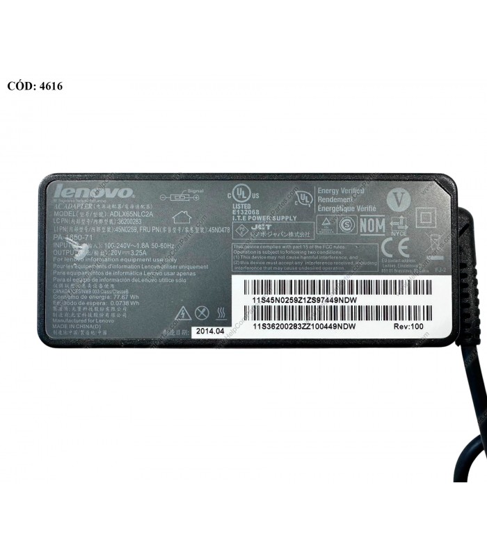CARGADOR LENOVO 20V---3.25A 65W USB-SQUARE SLIM 100-240V~ US 50-60Hz 2PRONG 45N0478 ORIG.(DS)