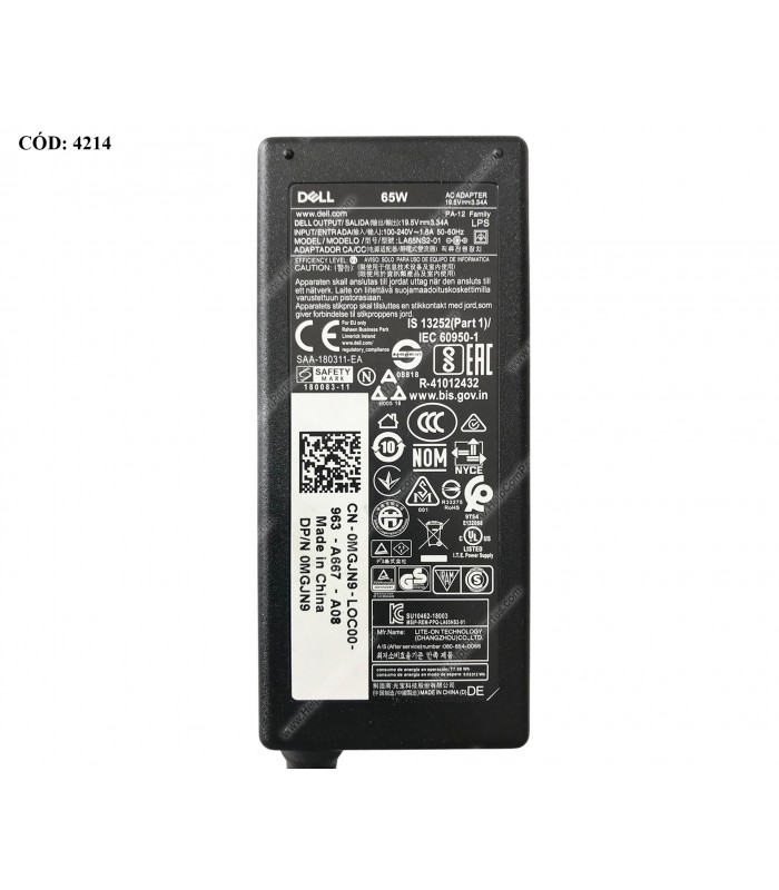 CARGADOR DELL 19.5V---3.34A 65W PIN 4.5*3.0 100-240V~ US 50-60Hz 3PRONG 0MGJN9 ORIG. (DS)