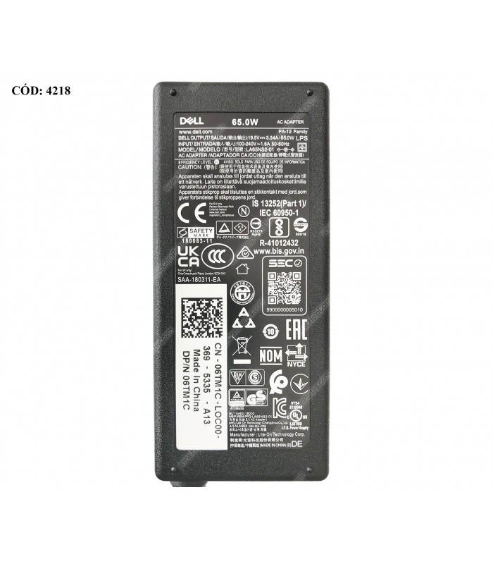 CARGADOR DELL 19.5V---3.34A 65W PIN 7.4*5.0 100-240V~ US 50-60Hz 3PRONG 06TM1C ORIG.