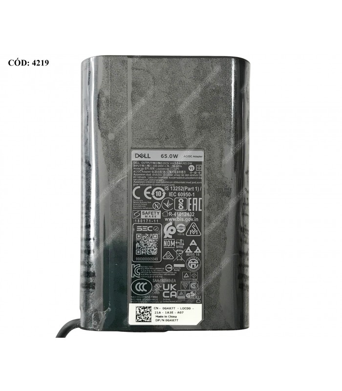 CARGADOR DELL 19.5V---3.34A 65W PIN 7.4*5.0 100-240V~ US 50-60Hz 3PRONG 0G4X7T 492-BBOM ORIG.