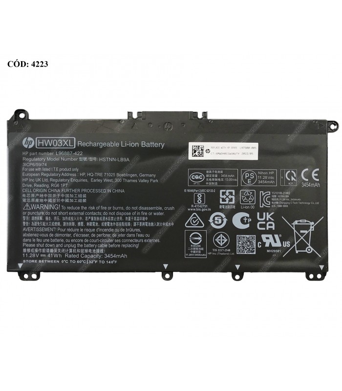 BATERIA HP 11.28V---41WH 3C HW03XL/15-EG 15-EH 17-CN 17-CP 17T-CN 240 245 246 250 255 470 G8 G9 G10 SERIES L97300-005 ORIG