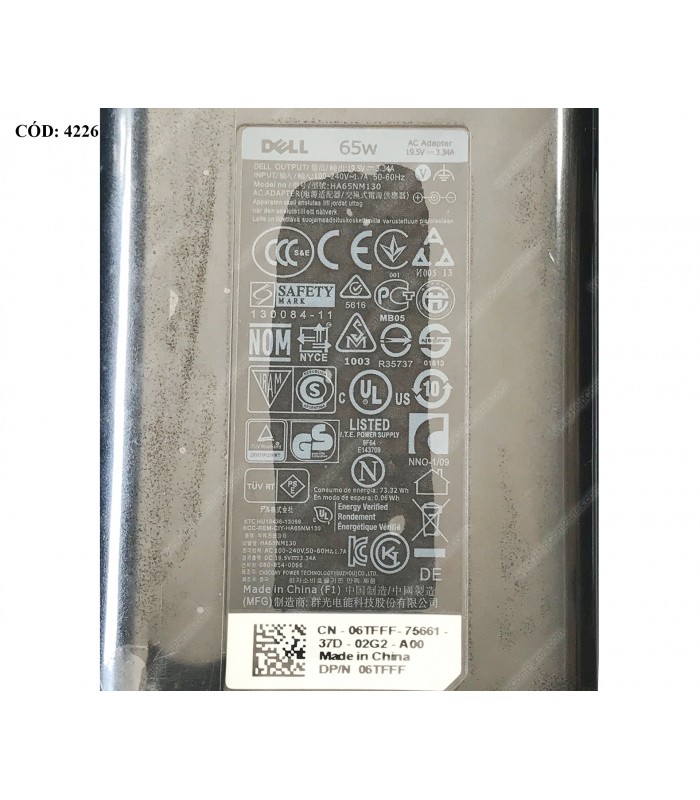 CARGADOR DELL 19.5V---3.34A 65W PIN 7.4*5.0 100-240V~ US 50-60Hz 3PRONG SLIM 06TFFF OEM