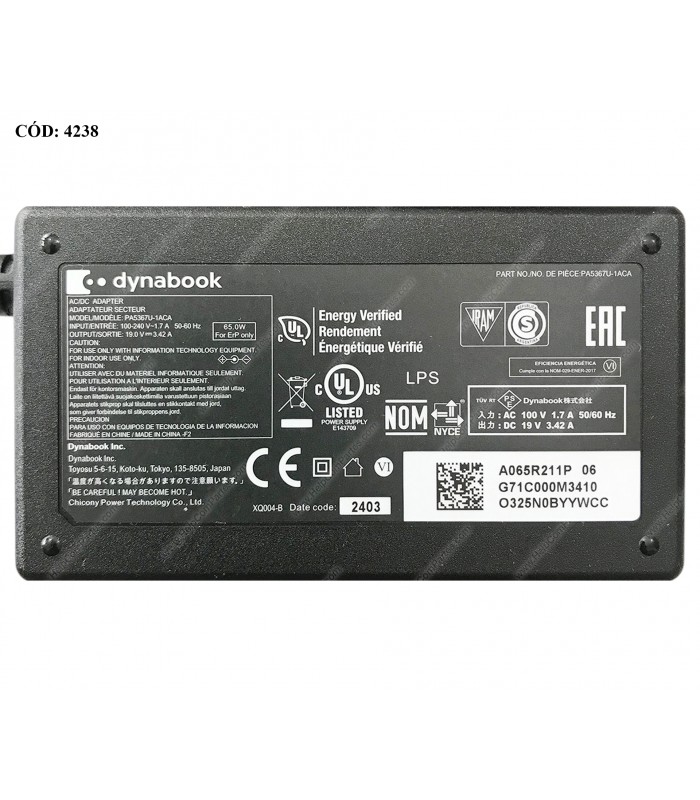 CARGADOR DYNABOOK 19V---3.42A 65W PIN 5.5*2.5 100-240V~ US 50-60Hz 2PRONG PA5367U-1ACA ORIG.