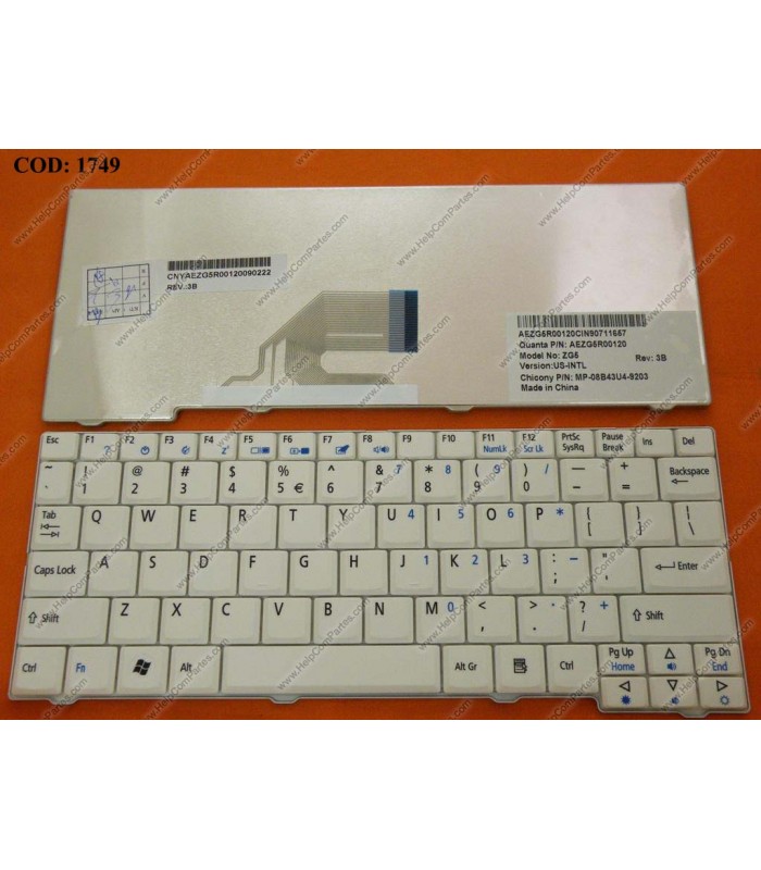 TECLADO ACER ASPIRE ONE A110 A150 AO531 AOA110 AOA150 AOD150 AOD250 D150 D210 D250 KAV60 SERIES  BLANCO US OEM