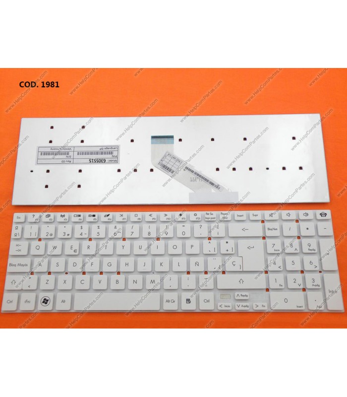 TECLADO GATEWAY NV55 NV55S NV57 NV75 NV75S /PACKARD BELL LS44SB LV11HC SERIES SIN MARCO V121702BK1 WHITE SP OEM.