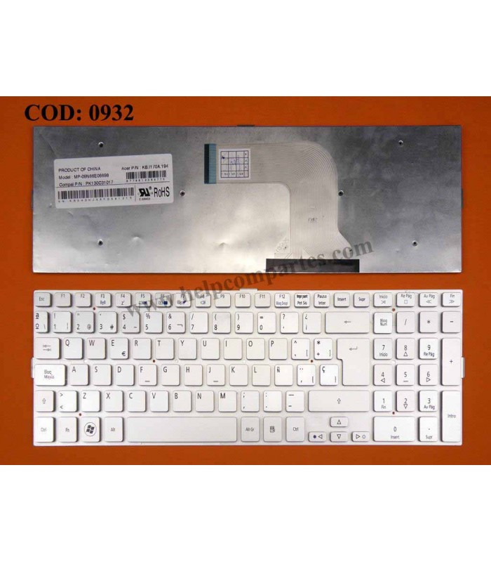 TECLADO ACER ASPIERE 5943 5943G 5950 5950G 8943 8943G 8950 8950G SERIES SIN MARCO PK130C31017 SP SILVER ORIG.