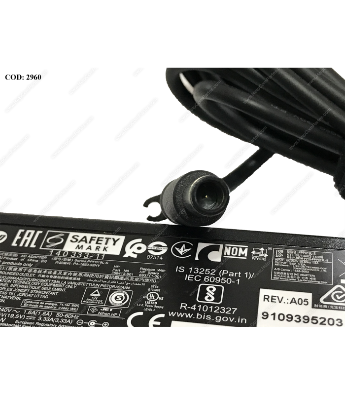 CARGADOR HP 19.5V---3.33A 65W  PIN 7.4*5.0 100~240V US 50-60Hz 3PRONG SIN CABLE DE PODER 693711-001 ORIG.