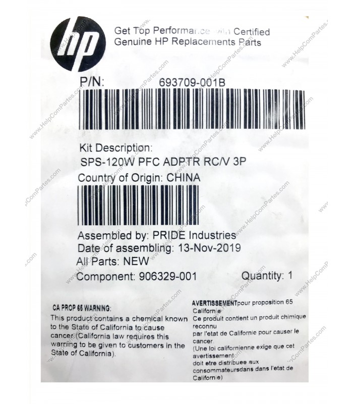 CARGADOR HP 19.5V---6.15A 120W PIN 7.4*5.0 100-240V~ US 50-60Hz 3PRONG 906329-001 ORIG.