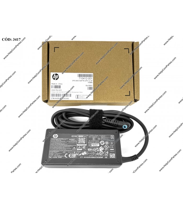 CARGADOR HP 19.5V---3.33A 65W PIN 4.5*3.0 100-240V~ US 50-60Hz 3PRONG SIN CABLE DE PODER 710412-001 ORIG.