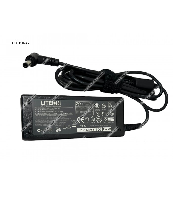 CARGADOR LITEON 19V---3.42A 65W PIN 5.5*2.5 100-240V~ US 50-60Hz 3PRONG PA-1650-02 OEM