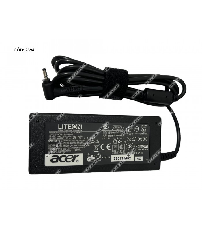 CARGADOR ACER LITEON 19V---3.42A 65W PIN 5.5*1.7 100-240V~ US 50-60Hz 3PRONG PA-1650-02 ORIG.