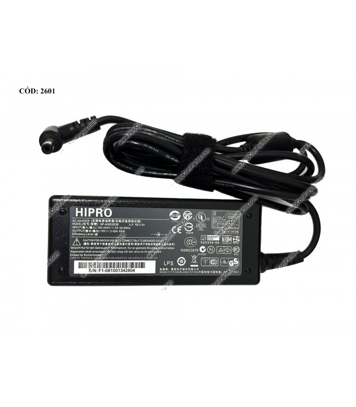 CARGADOR ACER 19V---3.42A 65W PIN 3.0*1.0 100-240V~ US 50-60Hz 3PRONG SIN CABLE DE PODER HP-A0652R3B OEM