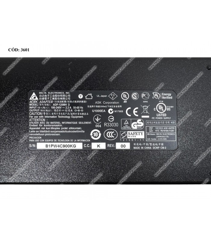 CARGADOR DELTA 19.5V---6.15A 120W PIN 5.5*2.5 100-240V~ US 50-60Hz 3PRONG ADP-120MH ORIG.