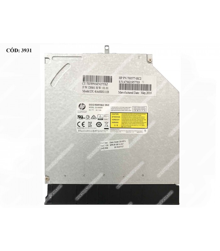 ODD DVD-WRITER. 9.5mm HP DVD+RW DU-8A6SH111B SATA + BEZEL BK 813514-001 ORIG.(DS)